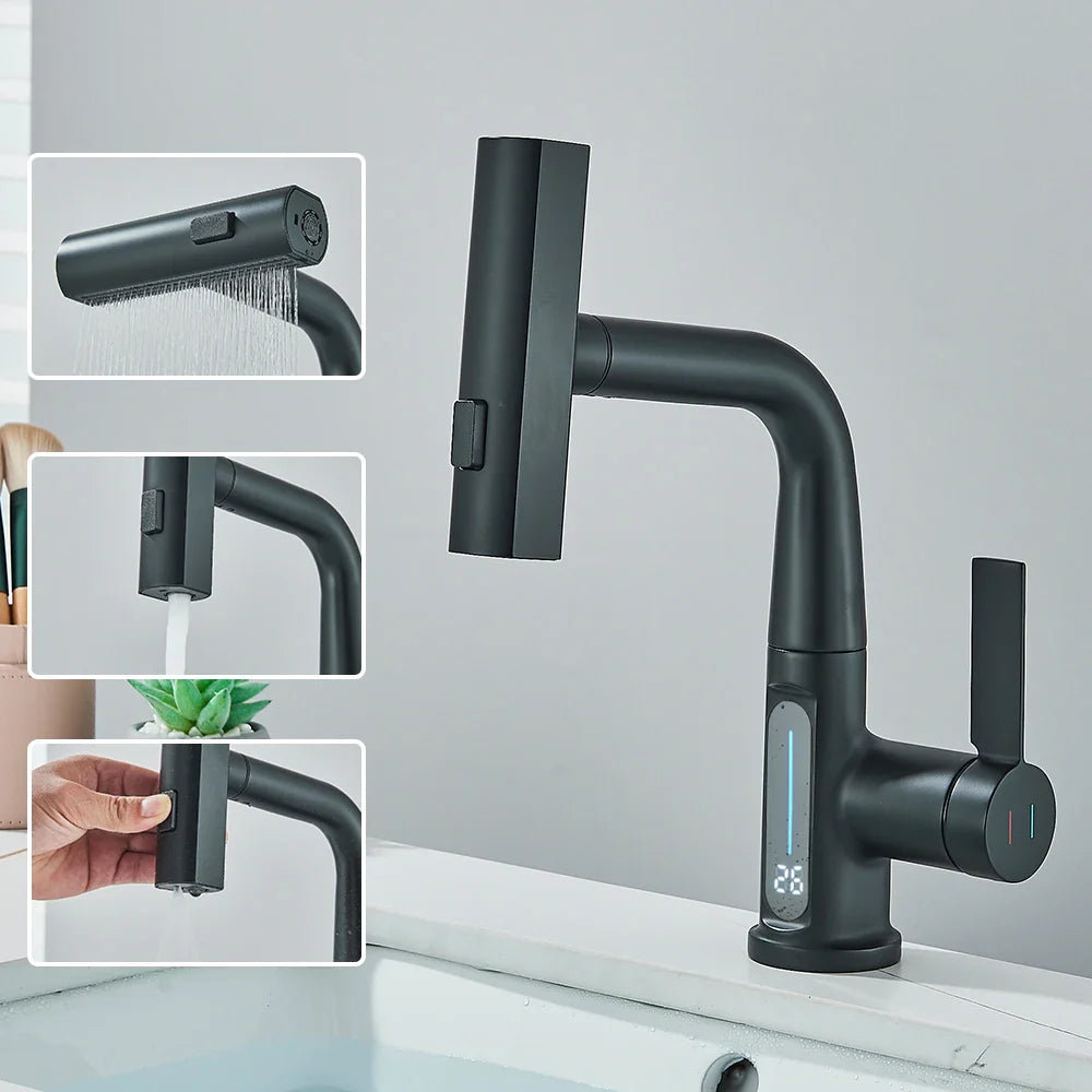 Thalenya - Moderne Wasserfall-Waschtischarmatur mit Temperaturanzeige und flexibler, schwenkbarer Brause für maximalen Komfort