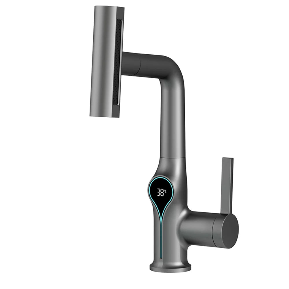 Celandra Luxus-Waschtischarmatur mit Wasserfallstrahl, 360° verstellbarer Brause und digitaler Temperaturanzeige