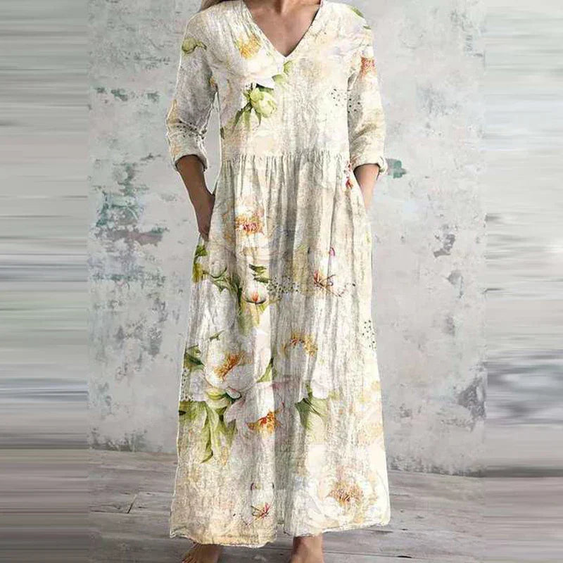 Maelis | Elegantes Cremefarbenes Blumenmuster Kleid für alle Anlässe