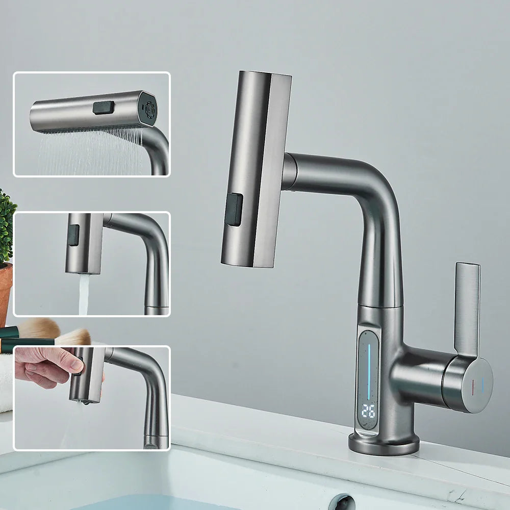Thalenya - Moderne Wasserfall-Waschtischarmatur mit Temperaturanzeige und flexibler, schwenkbarer Brause für maximalen Komfort