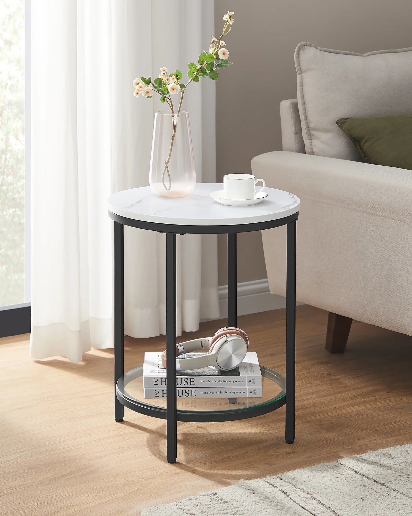 Aurephine Luxe Glas-Beistelltisch mit Zwei Ebenen und Elegantem Marmor-Design