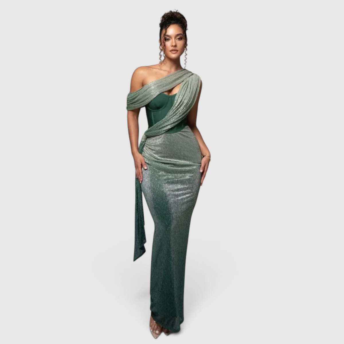 Damen One-Shoulder Abendkleid mit Metallic-Finish