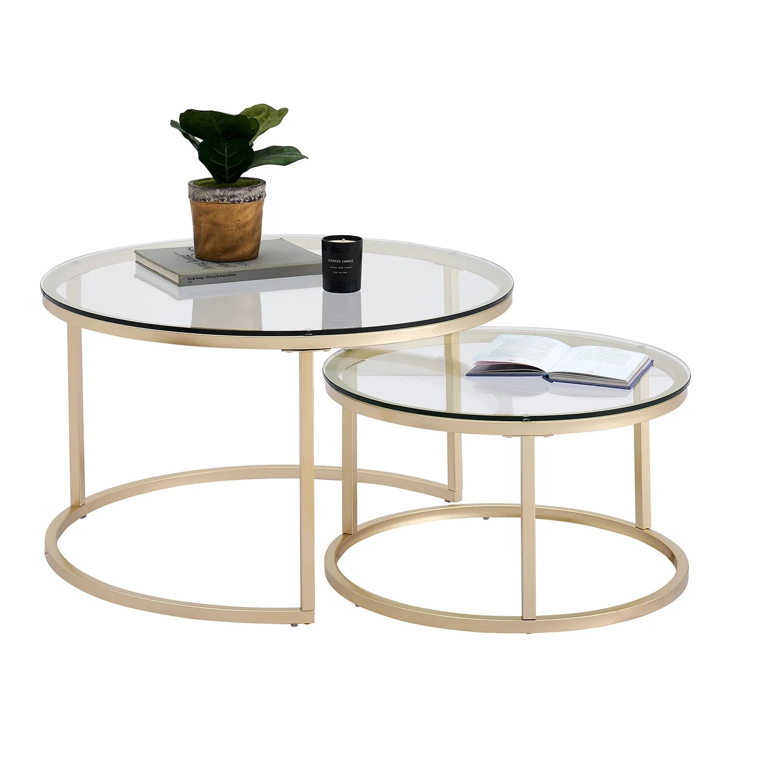 Caelanis - Stilvolle 2-in-1 Runde Couchtisch mit robustem Eisenrahmen und Glasplatte