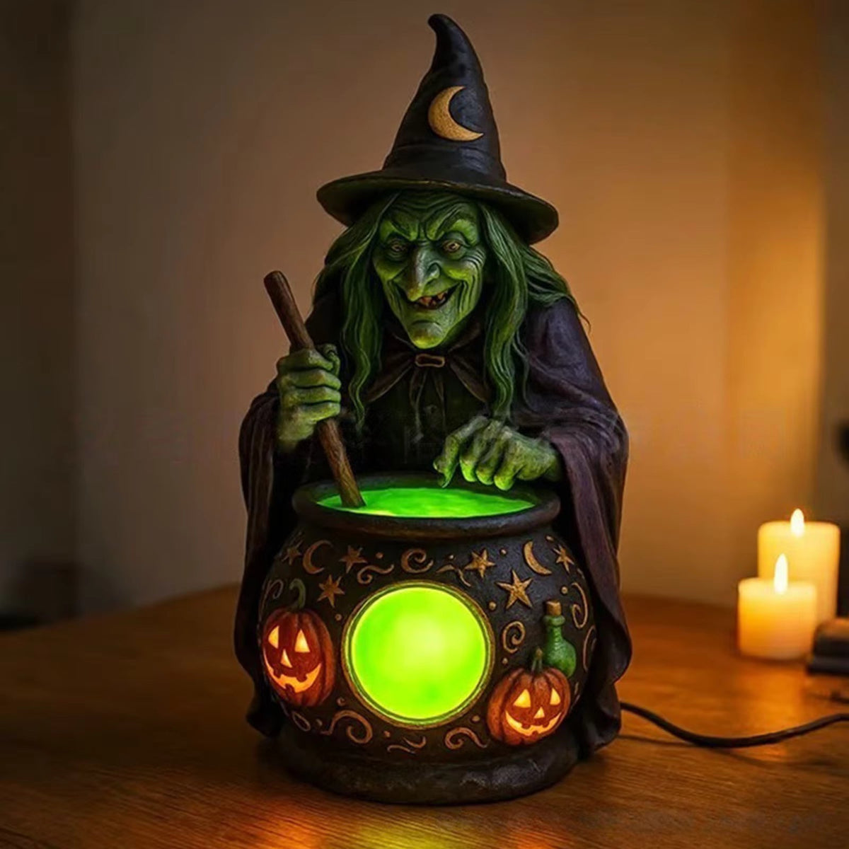 Hexenkessel Harz-Tischlampe mit Neongrüner LED