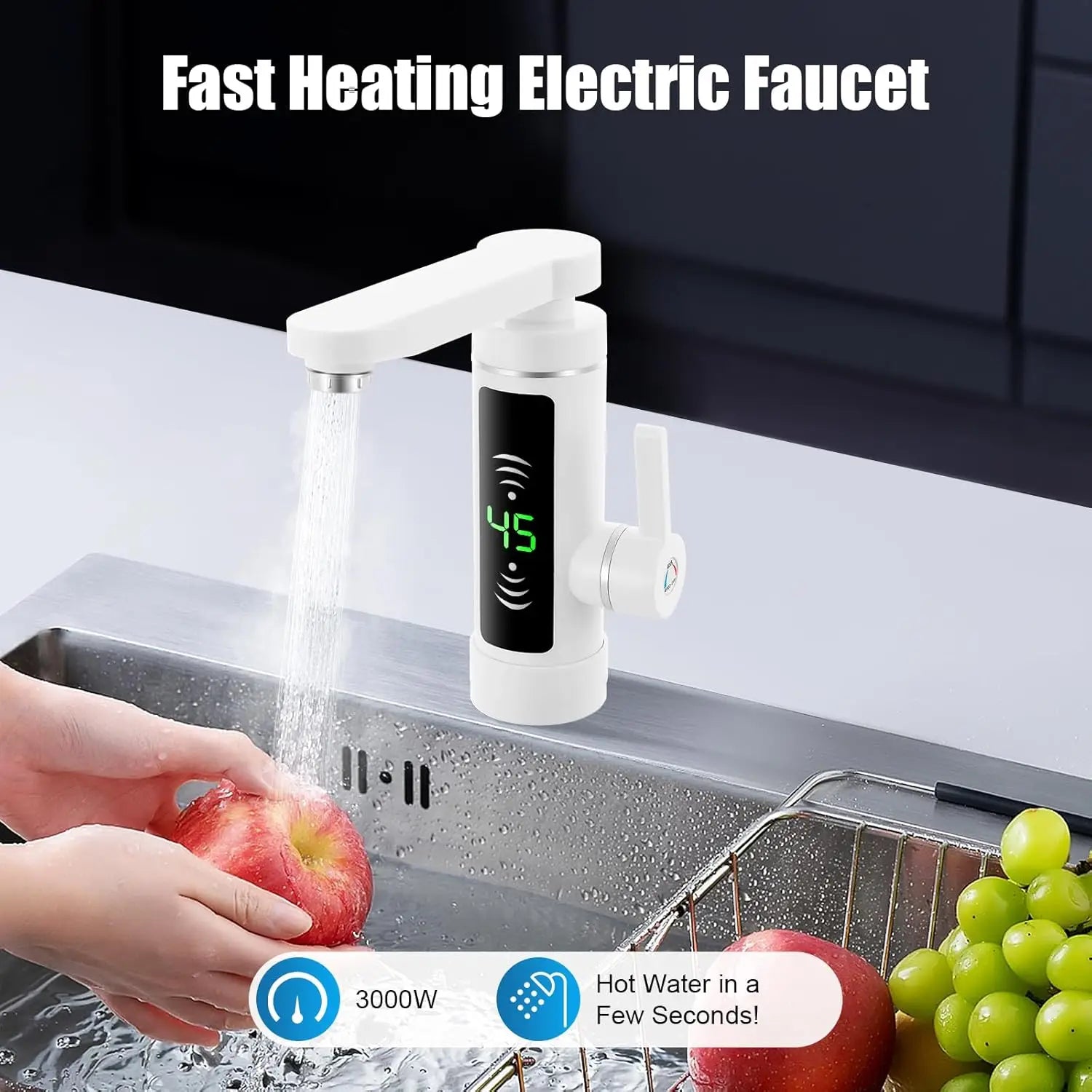 Deluvia Elektrische Rotierende Küchenarmatur mit Durchflusswärmer, LED-Temperaturanzeige und 3 kW Leistung