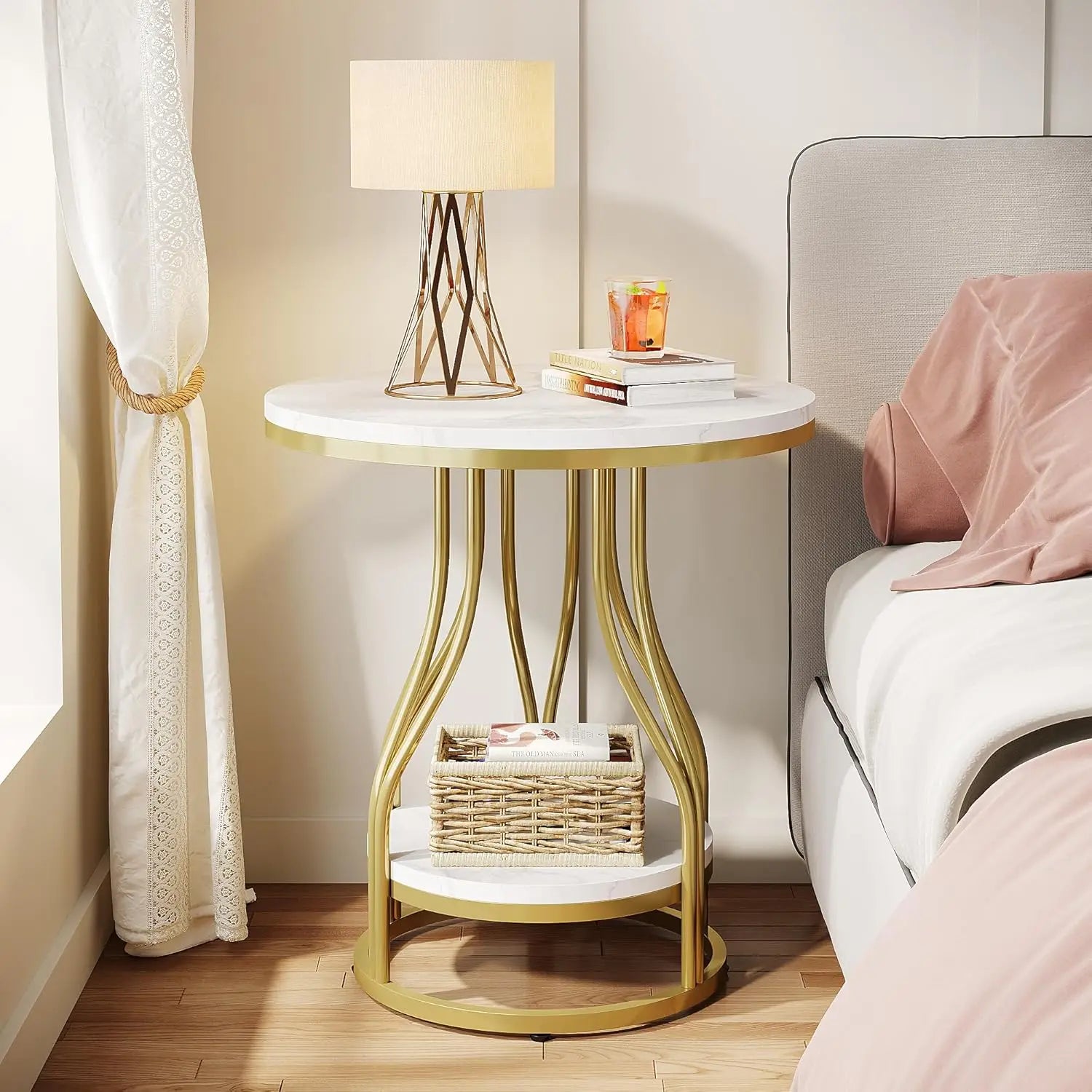Isavelle - Stilvoller runder Beistelltisch mit zweilagigem Design, elegantem Metallrahmen und praktischem Stauraum