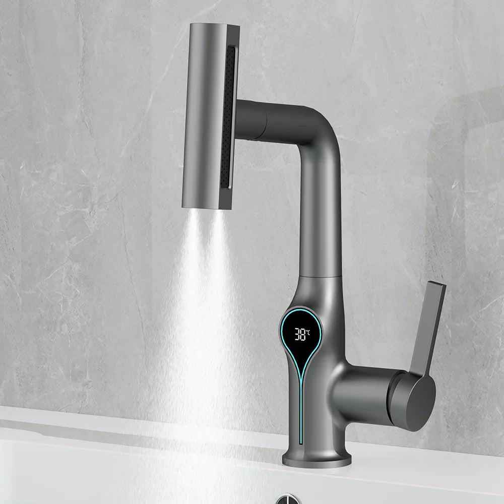 Celandra Luxus-Waschtischarmatur mit Wasserfallstrahl, 360° verstellbarer Brause und digitaler Temperaturanzeige