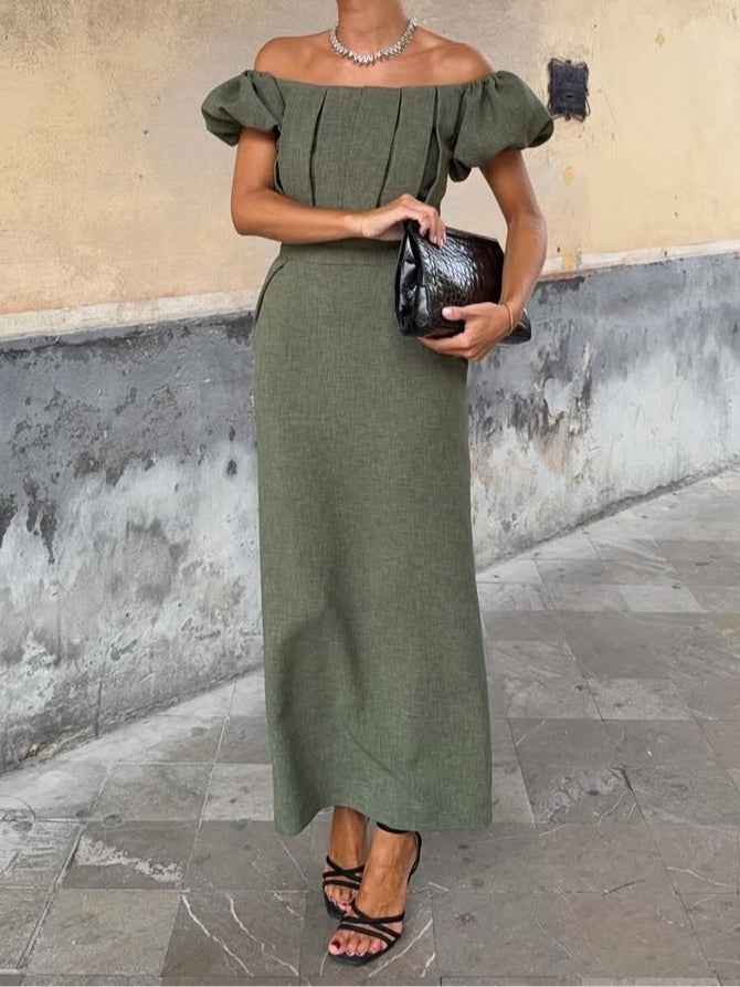 Elegantes Ein-Schulter-Kleid mit Puffärmeln und raffinierter Faltung