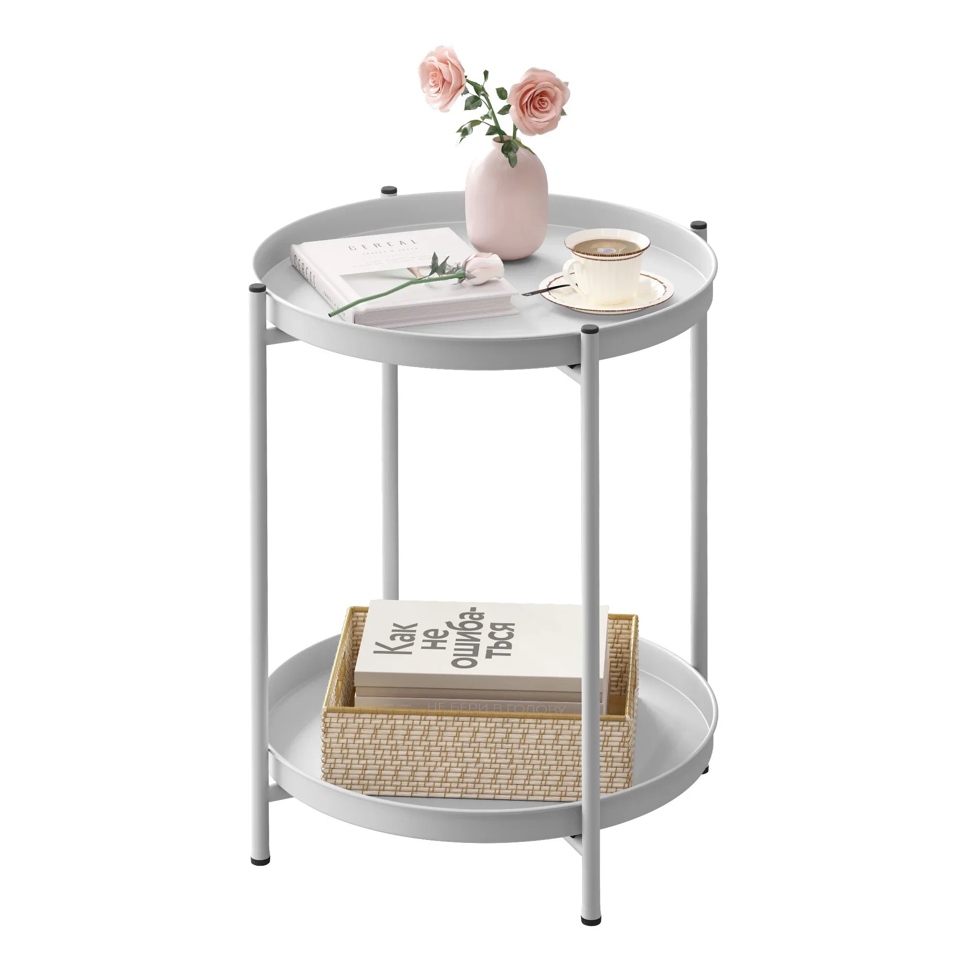 Caelira - elegante runde metallische Beistelltisch mit praktischem Stauraum und praktischen abnehmbaren Tabletts