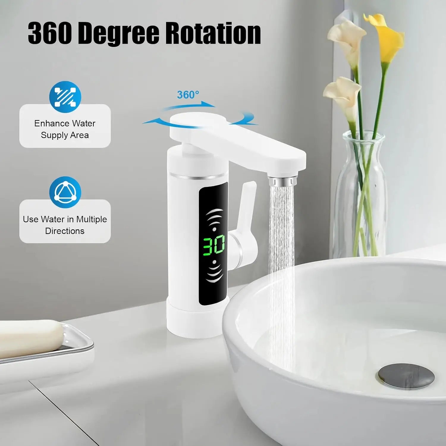 Deluvia Elektrische Rotierende Küchenarmatur mit Durchflusswärmer, LED-Temperaturanzeige und 3 kW Leistung