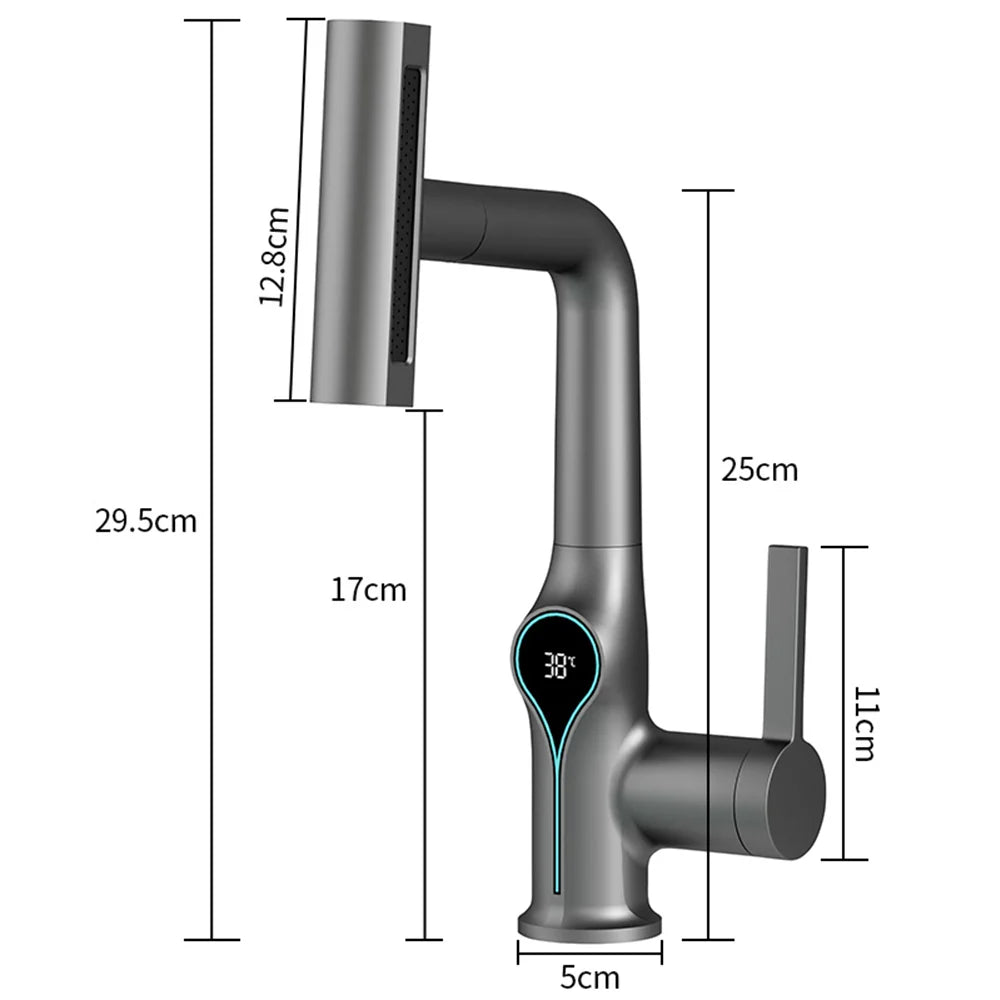 Celandra Luxus-Waschtischarmatur mit Wasserfallstrahl, 360° verstellbarer Brause und digitaler Temperaturanzeige