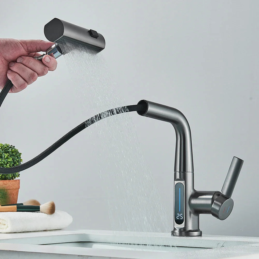 Thalenya - Moderne Wasserfall-Waschtischarmatur mit Temperaturanzeige und flexibler, schwenkbarer Brause für maximalen Komfort