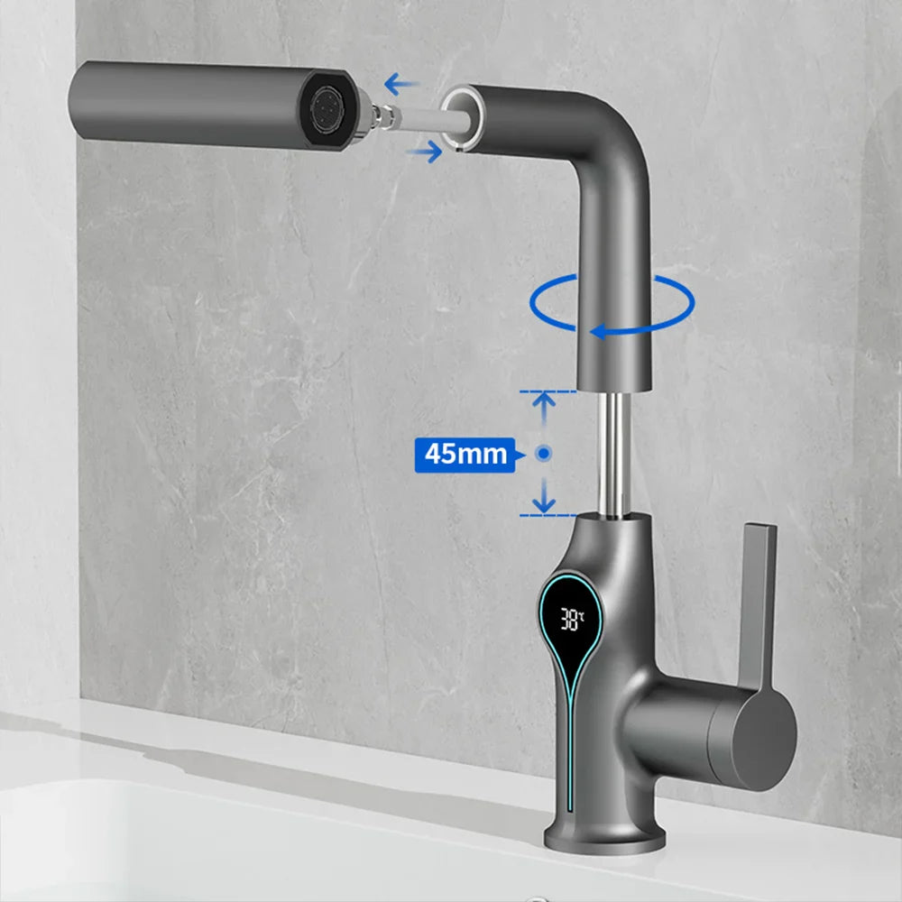 Celandra Luxus-Waschtischarmatur mit Wasserfallstrahl, 360° verstellbarer Brause und digitaler Temperaturanzeige