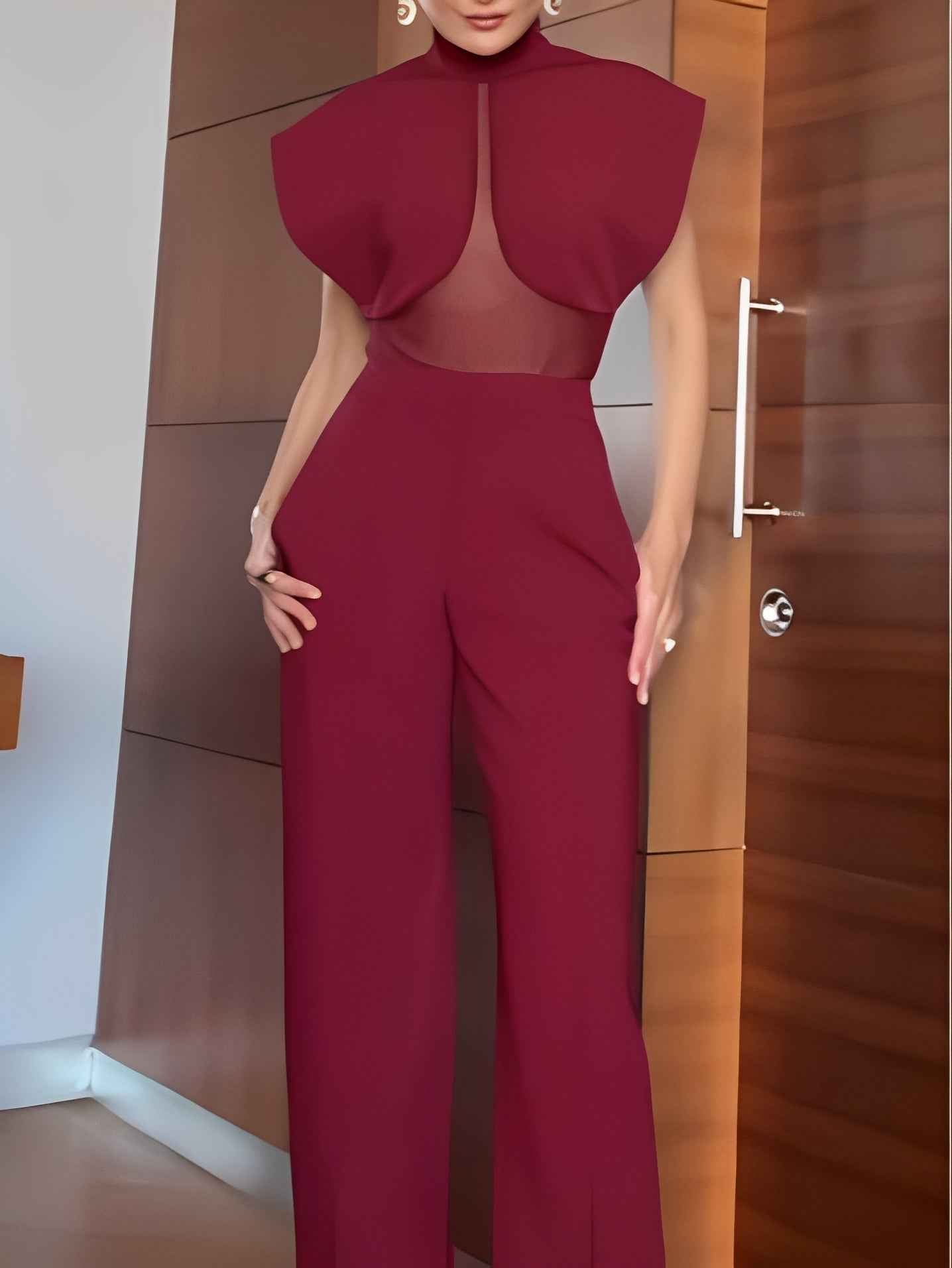 Schickes burgunderrotes Patchwork-Mesh-Top und Hose-Set