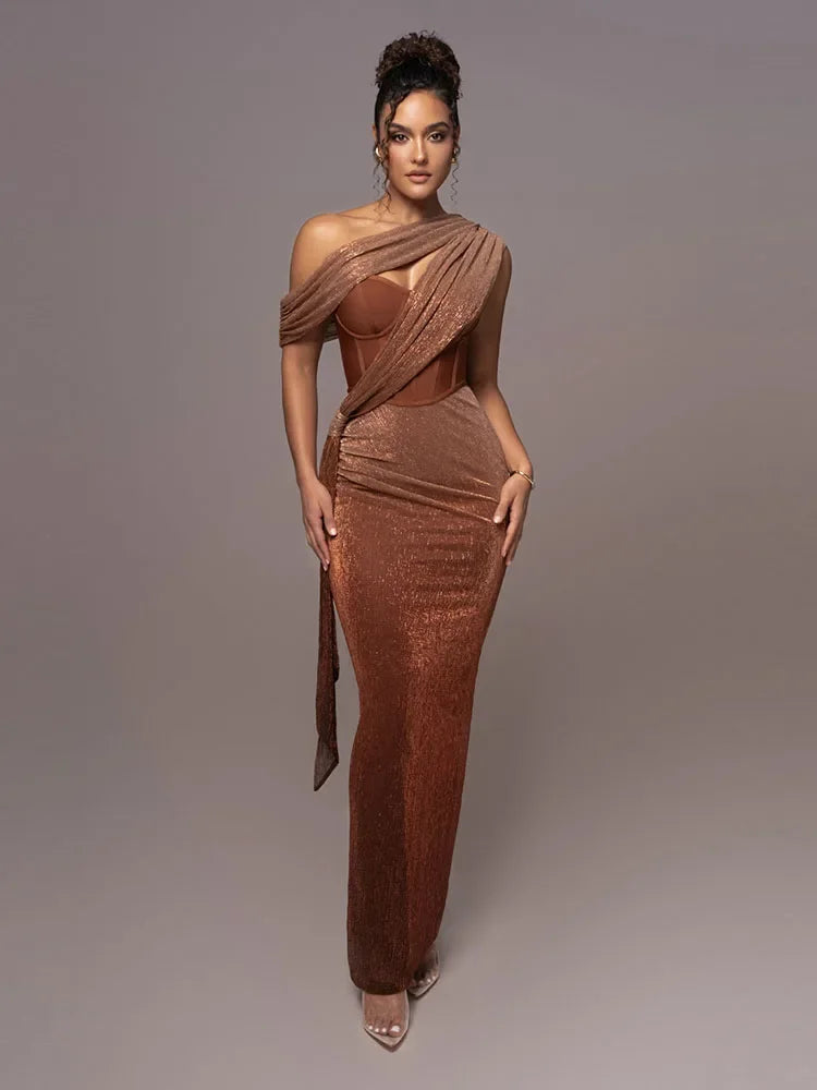 Damen One-Shoulder Abendkleid mit Metallic-Finish