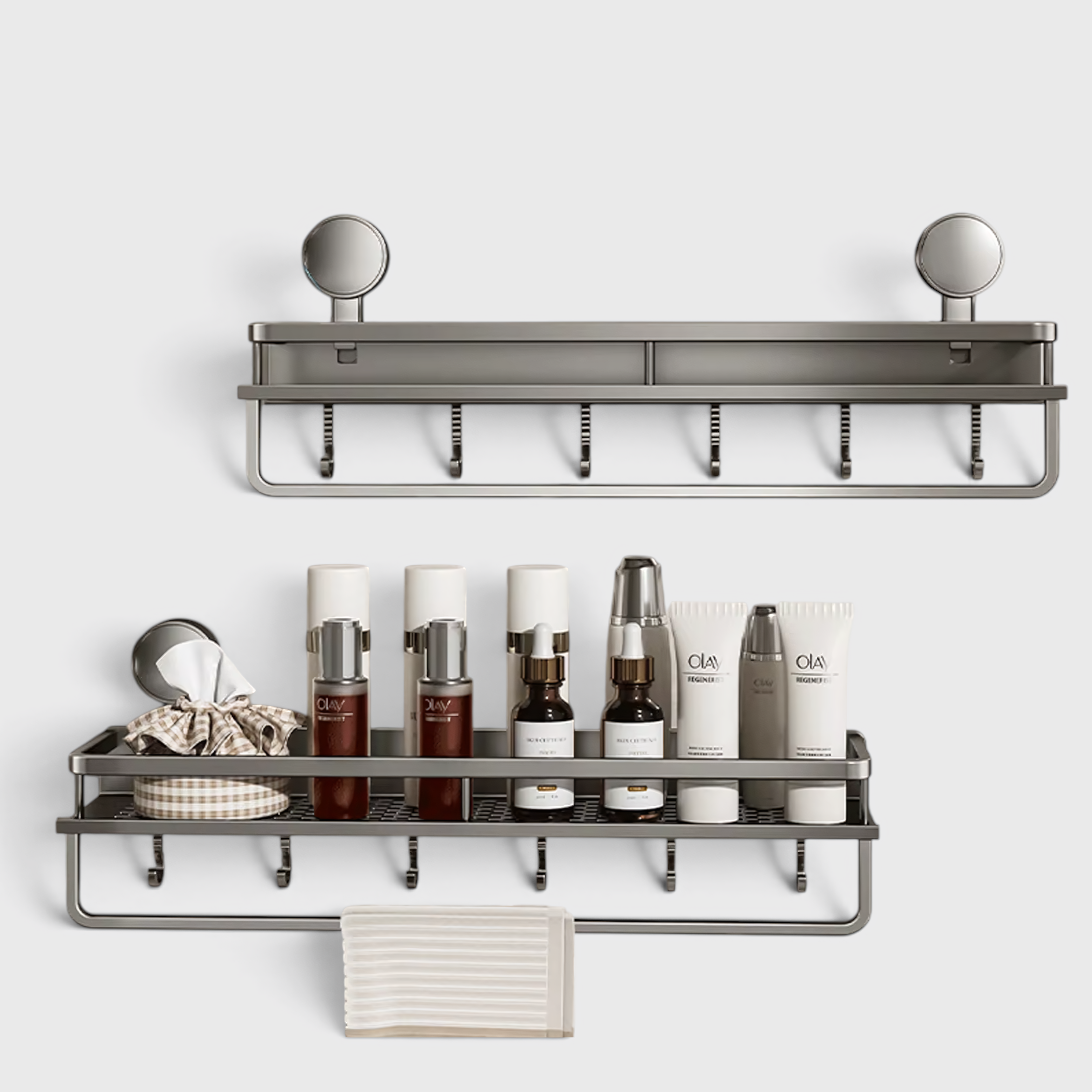 Aluminium Badezimmerregal mit Saugnäpfen - Wandregal mit Haken