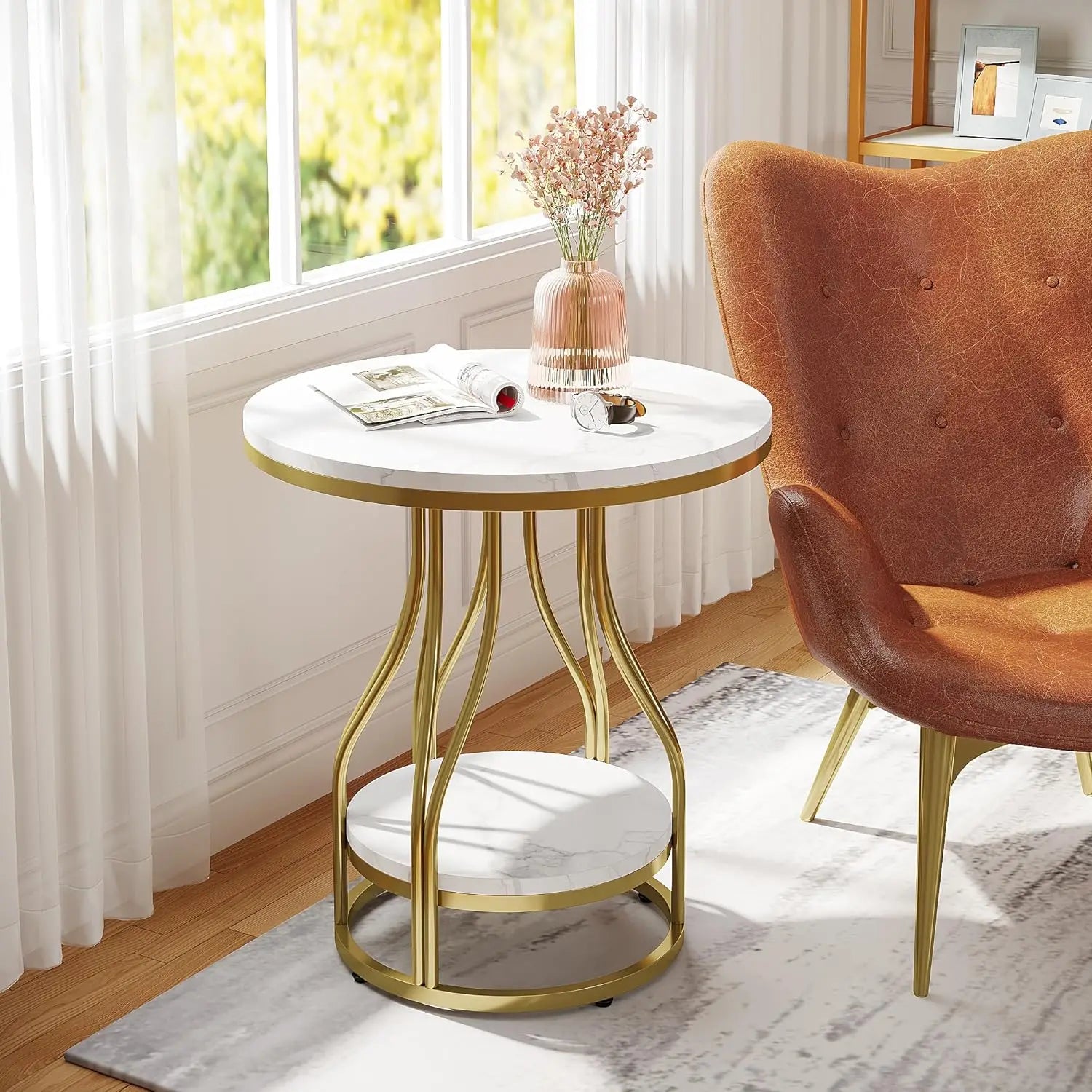 Isavelle - Stilvoller runder Beistelltisch mit zweilagigem Design, elegantem Metallrahmen und praktischem Stauraum