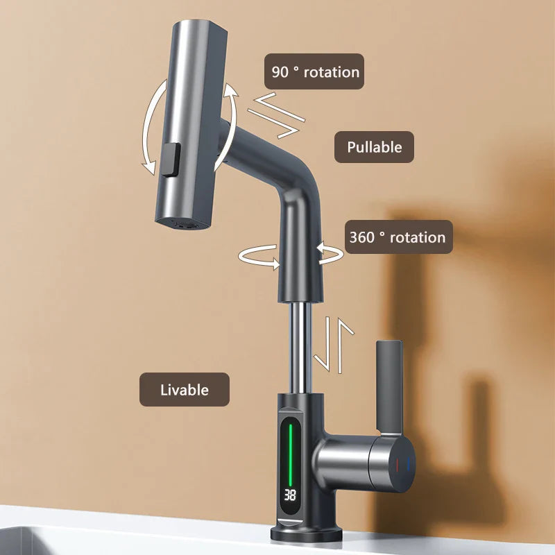 Aesthena - Elegante ausziehbare Wasserfall-Küchenarmatur mit Temperaturanzeige aus langlebigem Edelstahl