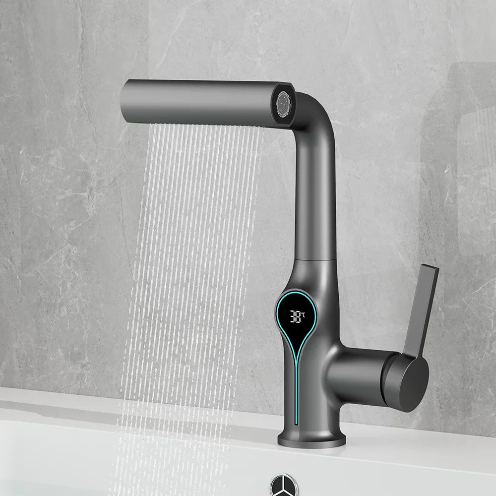 Celandra Luxus-Waschtischarmatur mit Wasserfallstrahl, 360° verstellbarer Brause und digitaler Temperaturanzeige