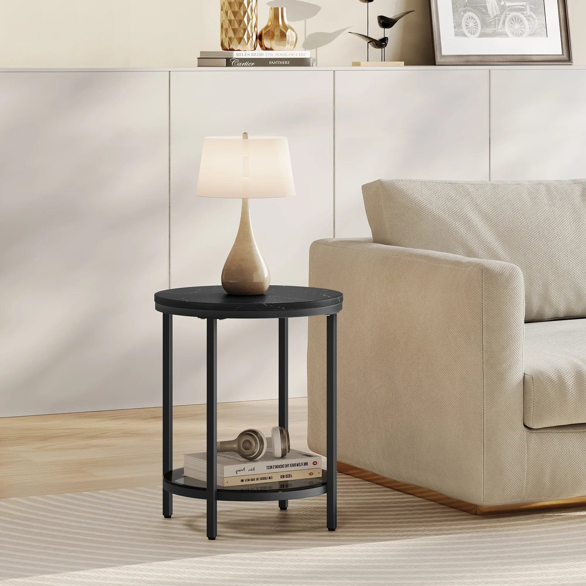 Aurephine Luxe Glas-Beistelltisch mit Zwei Ebenen und Elegantem Marmor-Design