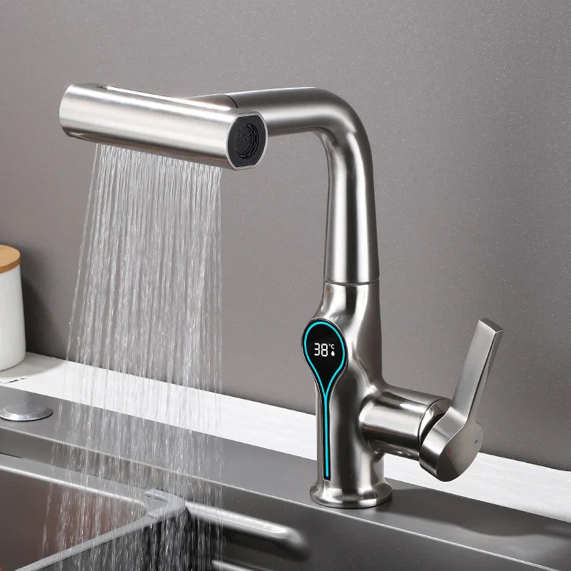 Celandra Luxus-Waschtischarmatur mit Wasserfallstrahl, 360° verstellbarer Brause und digitaler Temperaturanzeige