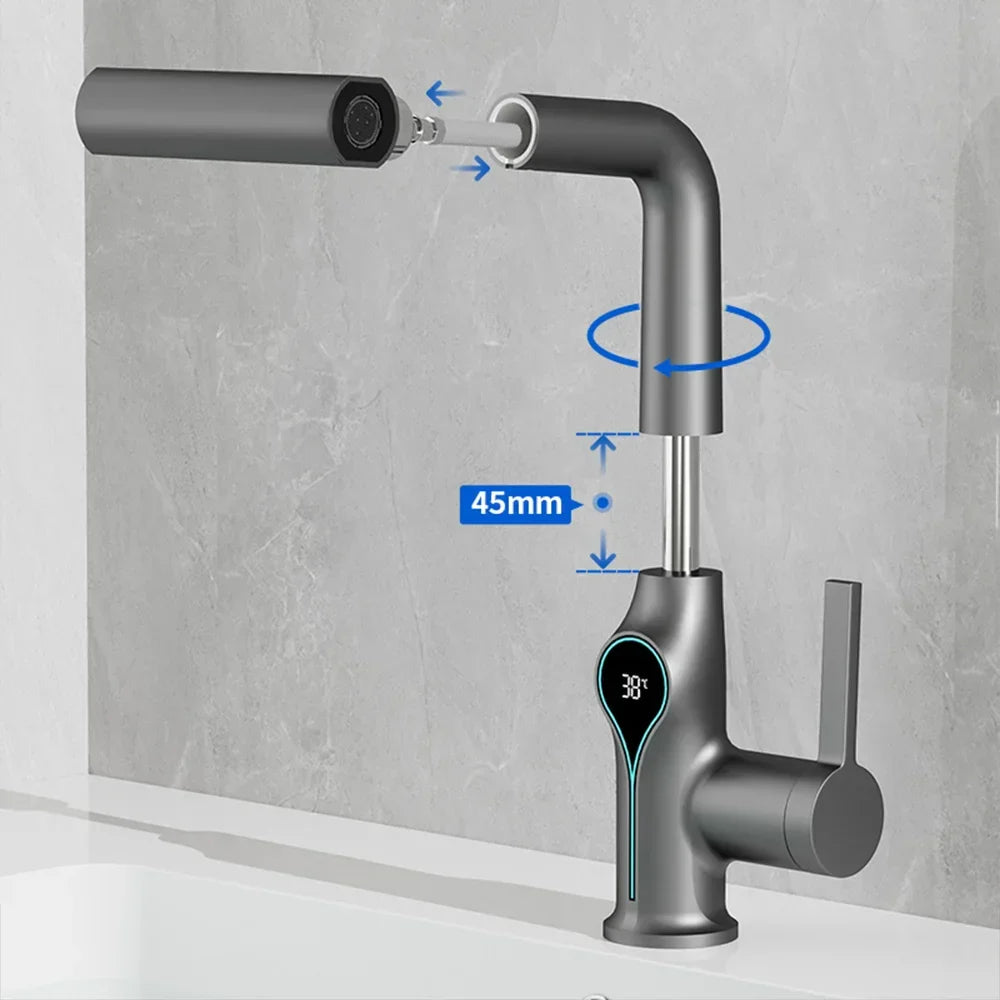 Solithena - Moderne Wastafelkraan mit Wasserfallstrahl, Digitaler Temperaturanzeige und Einstellbarer Brause für ultimativen Komfort