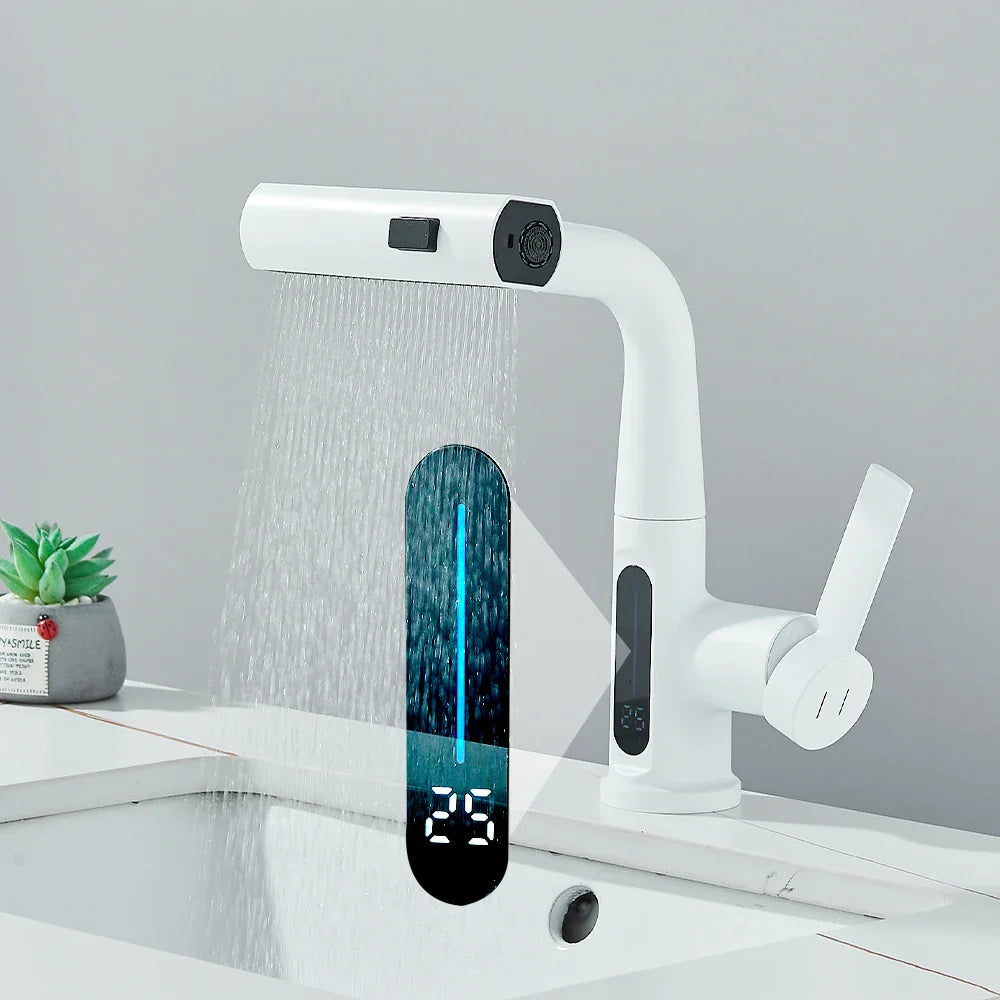 Nytheria - Moderner Wasserfall-Badarmatur mit Digitaler Temperaturanzeige und ausziehbarem Auslauf für ultimativen Komfort