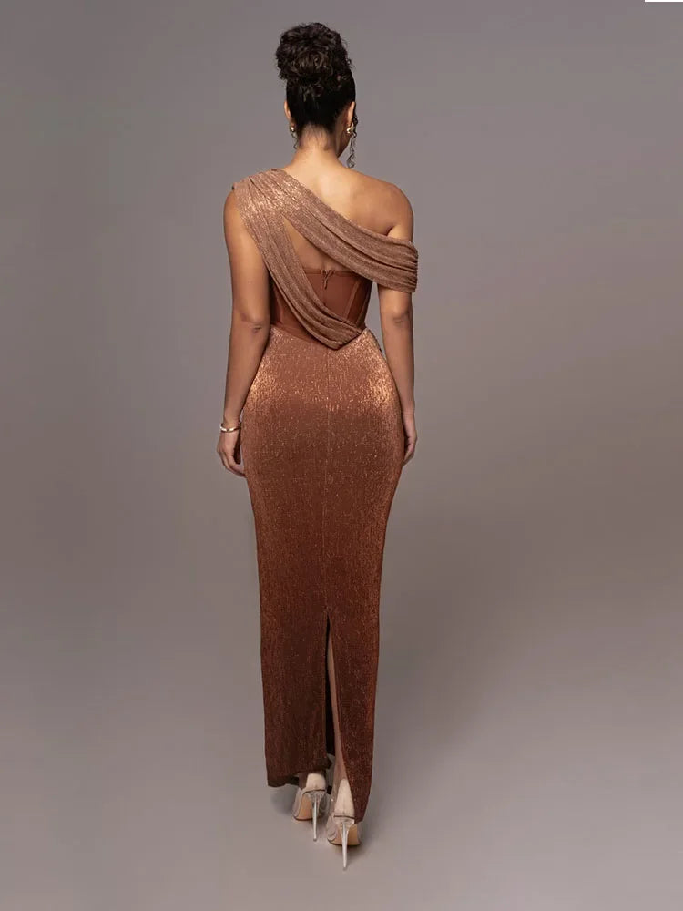 Damen One-Shoulder Abendkleid mit Metallic-Finish