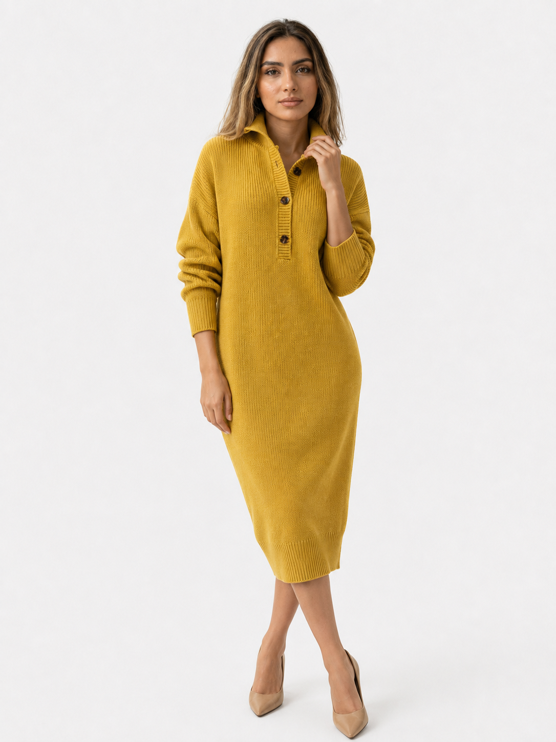Strickkleid für Damen mit Knopfkragen und langen Ärmeln – Polyester