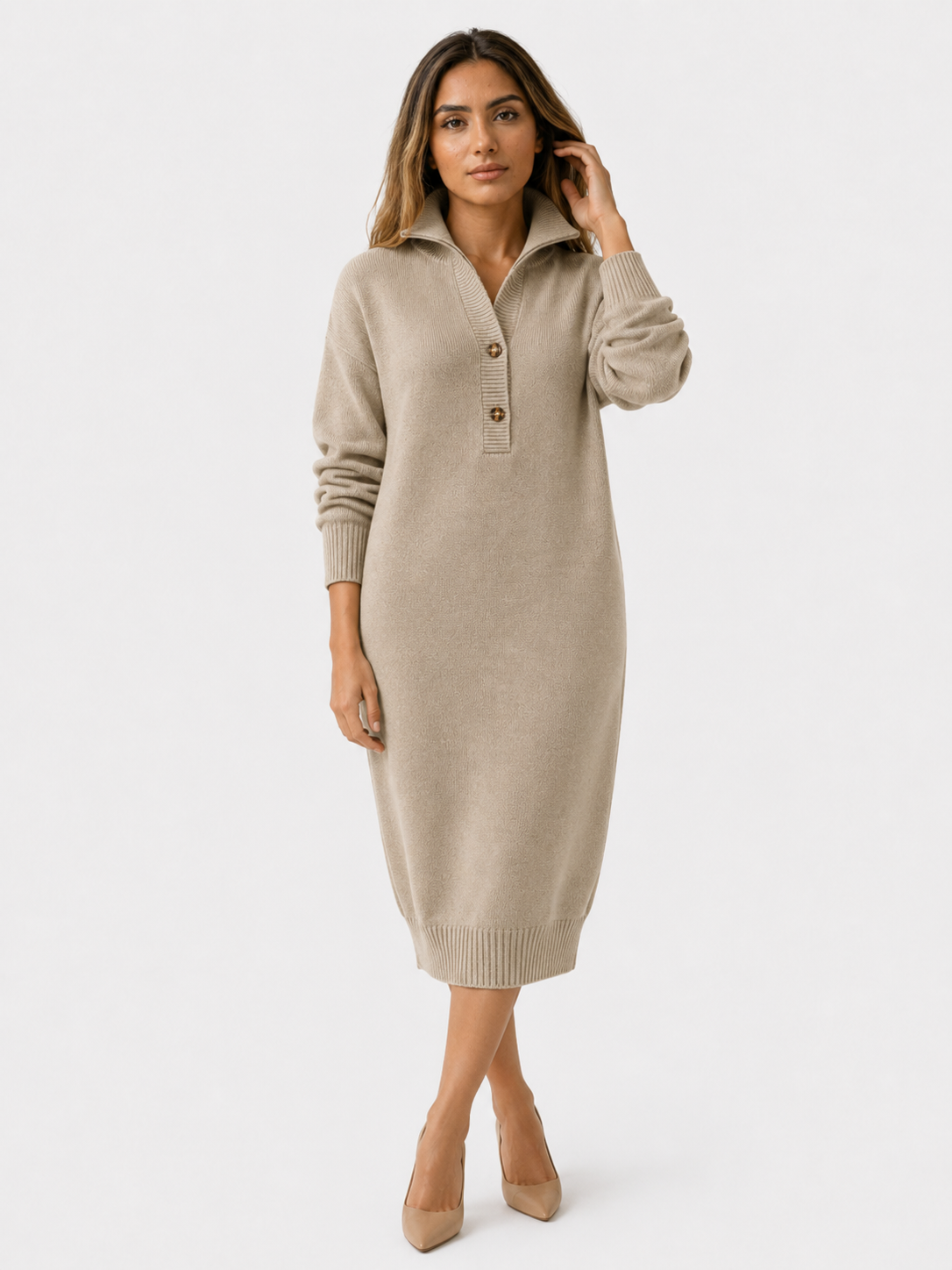 Strickkleid für Damen mit Knopfkragen und langen Ärmeln – Polyester