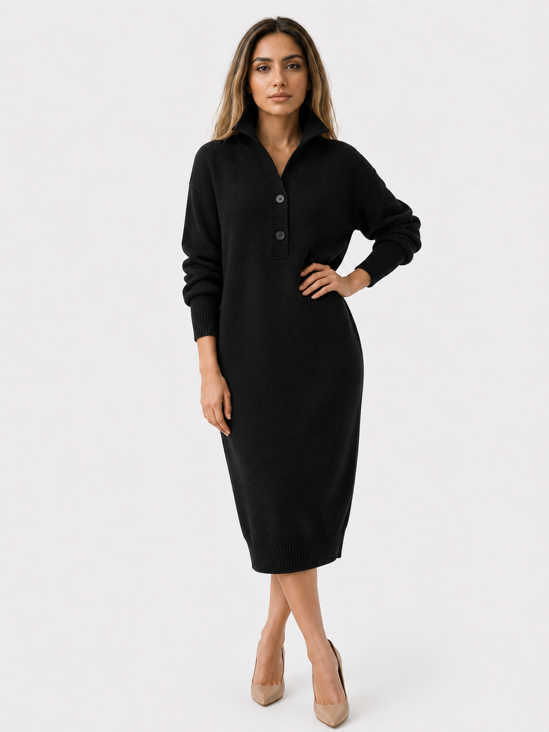 Strickkleid für Damen mit Knopfkragen und langen Ärmeln – Polyester