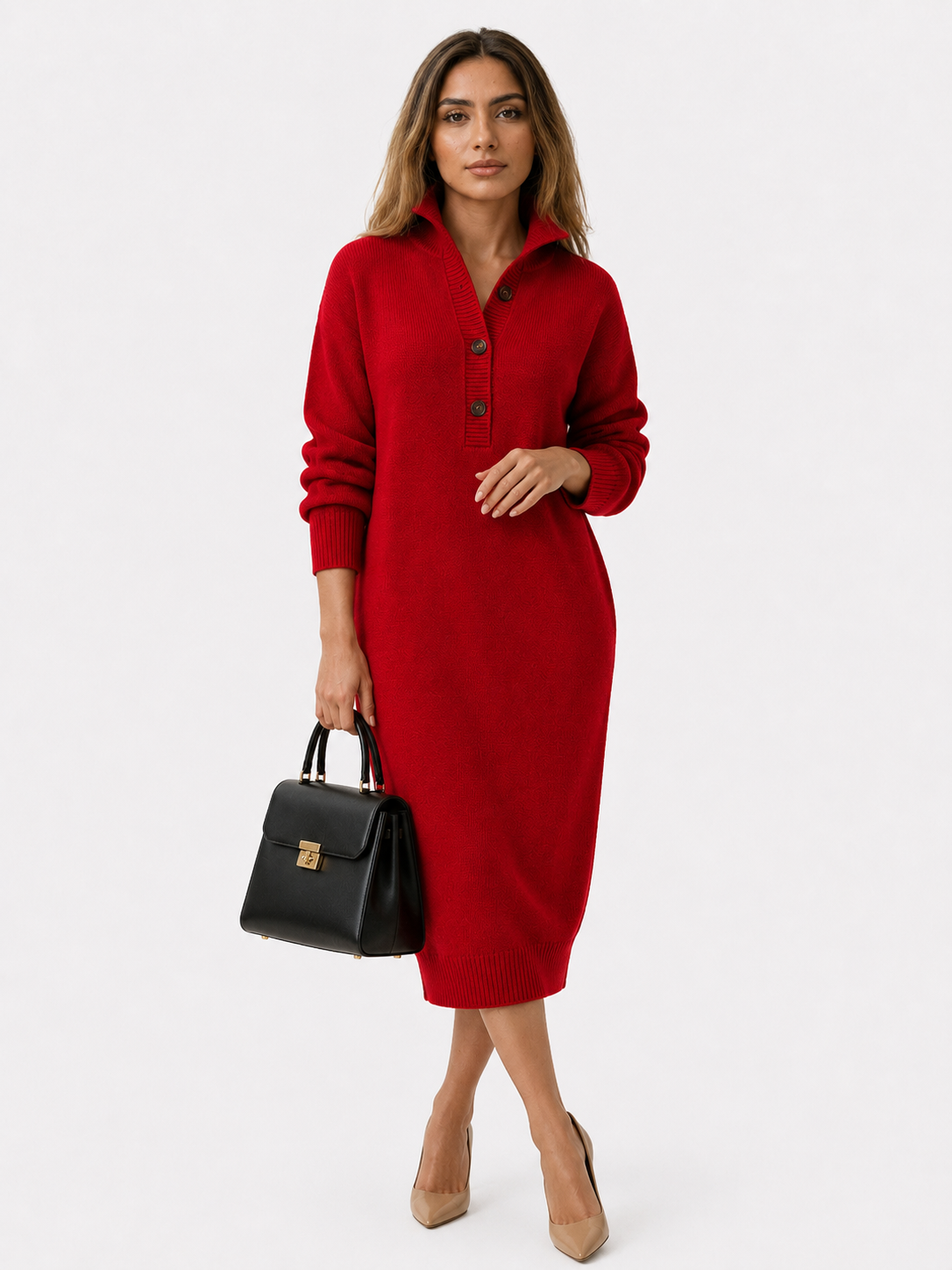 Strickkleid für Damen mit Knopfkragen und langen Ärmeln – Polyester
