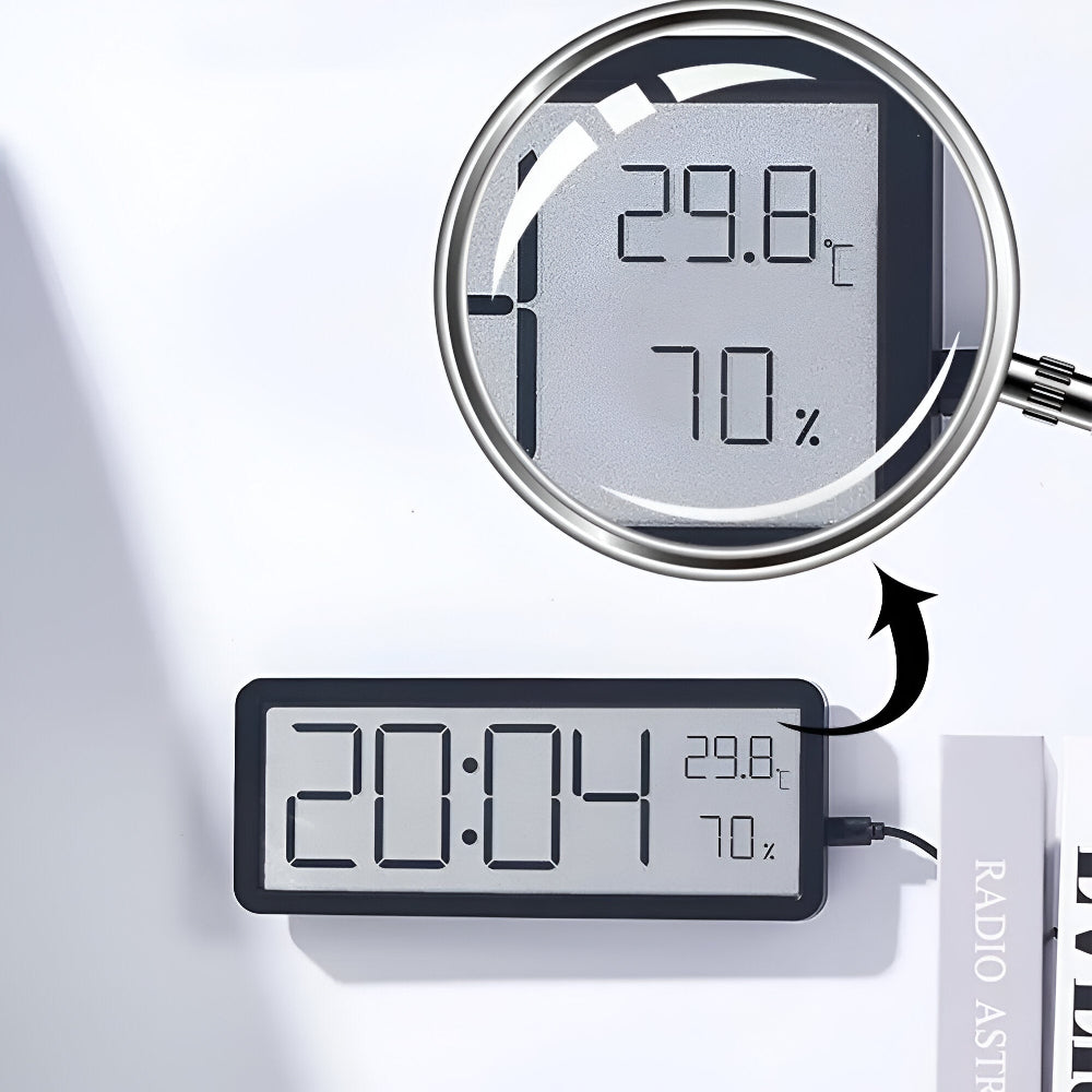 Ione - Moderne Digitale LED-Wanduhr mit Temperatur- und Luftfeuchtigkeitsanzeige für eine perfekte Raumregulierung