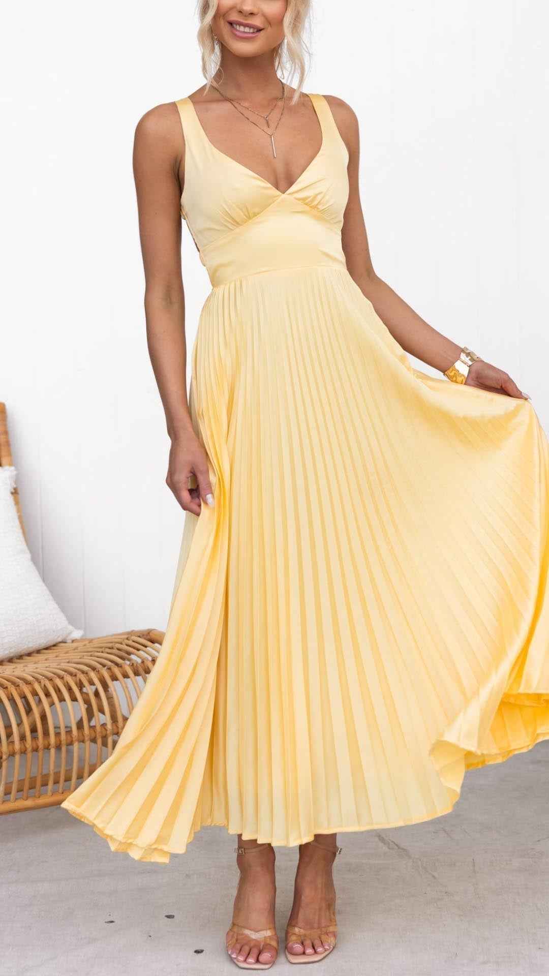 Aby | Strahlendes Gelb Plissee-V-Ausschnitt Maxikleid