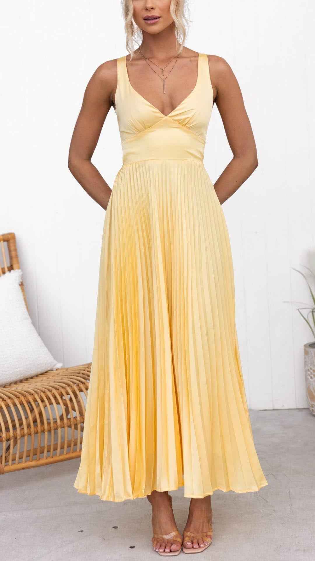 Aby | Strahlendes Gelb Plissee-V-Ausschnitt Maxikleid