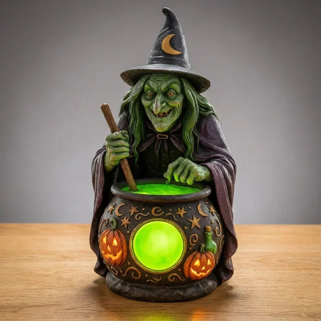 Hexenkessel Harz-Tischlampe mit Neongrüner LED