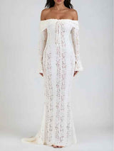 Elegante abito maxi in pizzo con design a spalle scoperte da donna