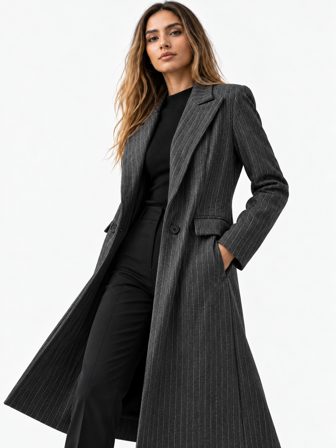 Vintage Lana coat with stripes, loose fit, V-neck