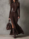 Elegantes Vintage Braunes Maxikleid mit Reißverschluss und Gürtel für einen zeitlosen Look