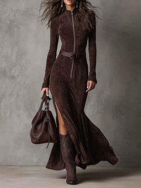 Elegantes Vintage Braunes Maxikleid mit Reißverschluss und Gürtel für einen zeitlosen Look