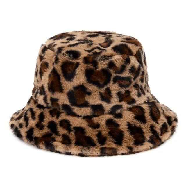 Jasmine – Stilvoller Winter-Bucket-Hut aus Kunstpelz mit Cow-Leopard-Muster