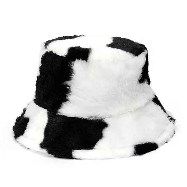 Jasmine – Stilvoller Winter-Bucket-Hut aus Kunstpelz mit Cow-Leopard-Muster