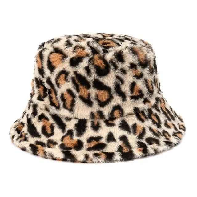 Jasmine – Stilvoller Winter-Bucket-Hut aus Kunstpelz mit Cow-Leopard-Muster