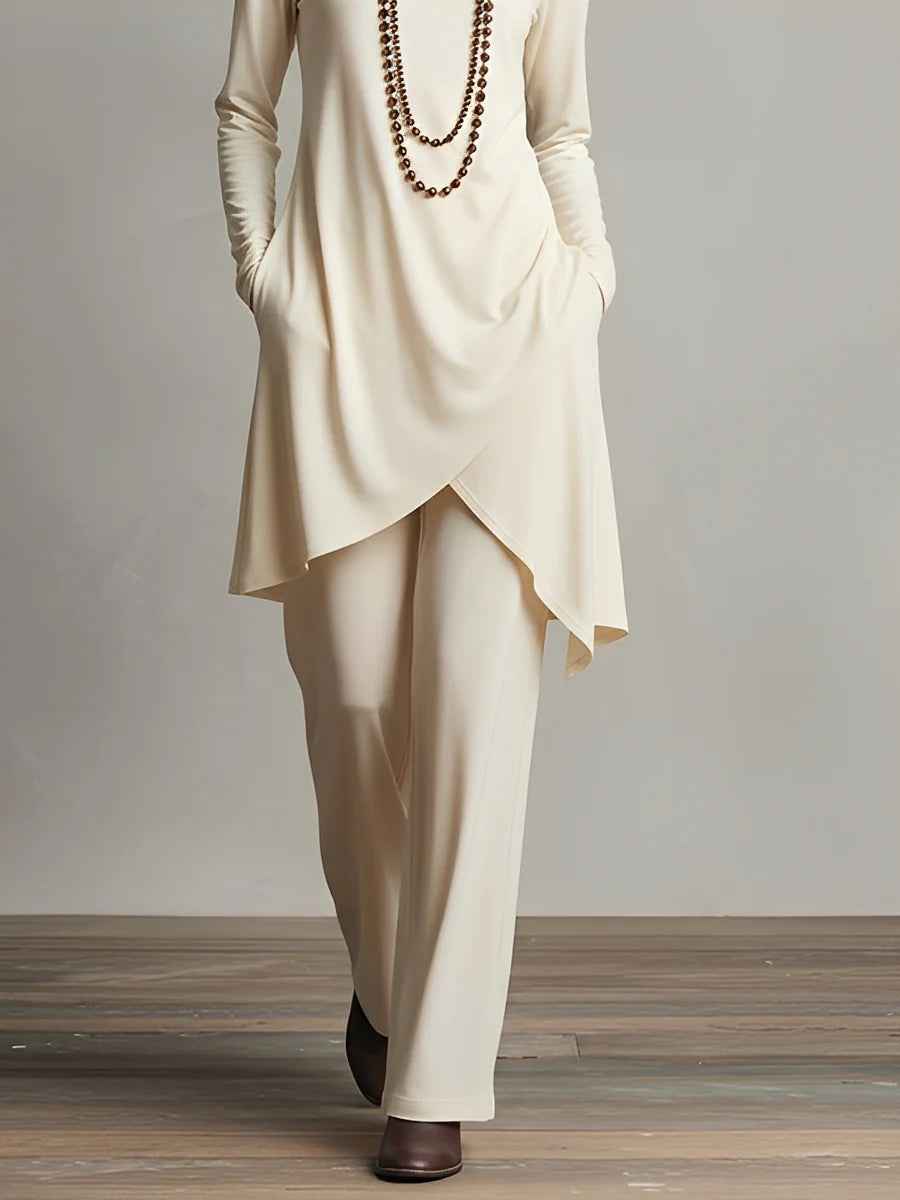 Schickes Top mit hohem Kragen und Hose-Set mit asymmetrischem Saum