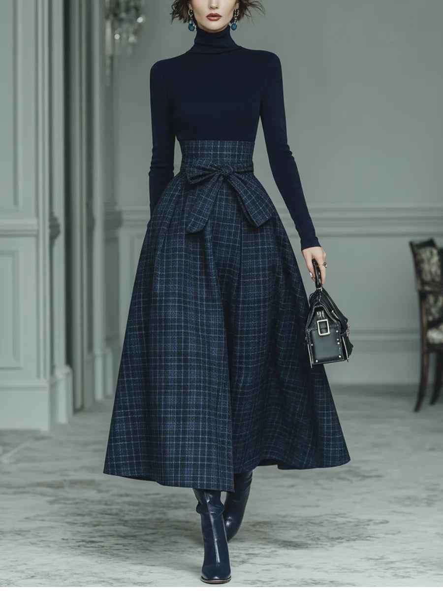 Dark blue turtleneck stretch top and plaid skirt set