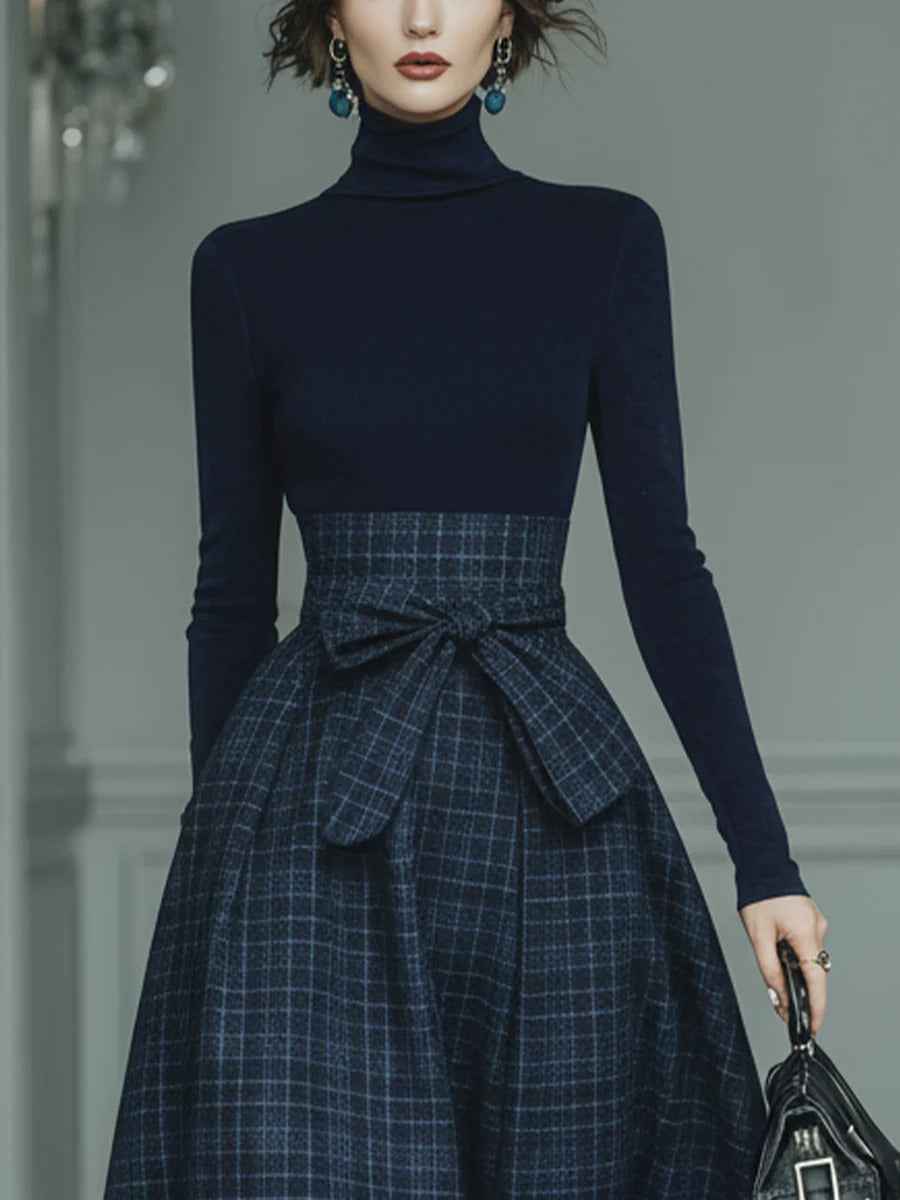 Dark blue turtleneck stretch top and plaid skirt set
