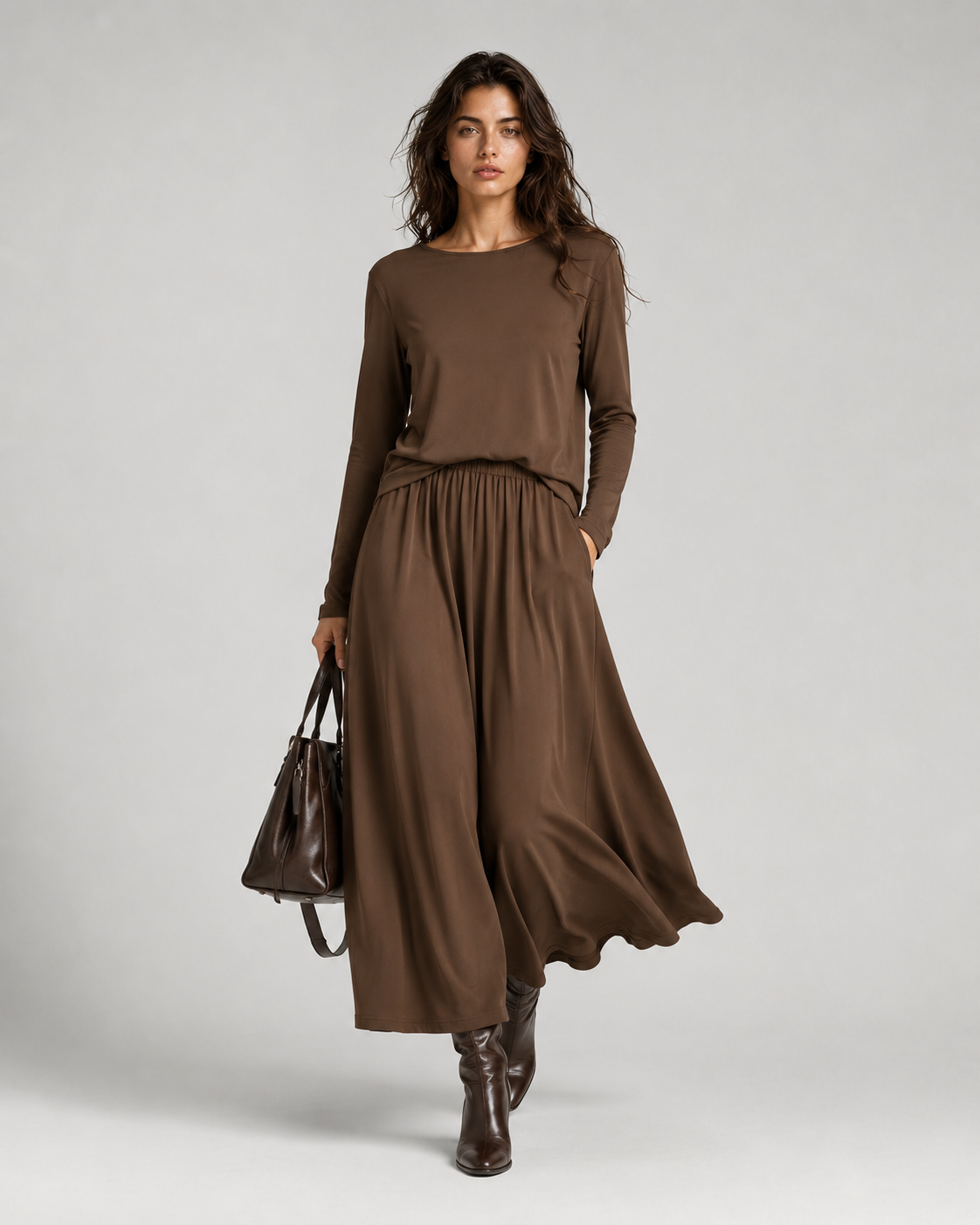Damen's Two-Piece Long Sleeve Top und Maxi Rock Set