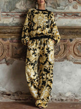 Elegantes Barock-Blumenprint-Langarm-Oberteil mit Hose mit weitem Bein Loungewear-Set