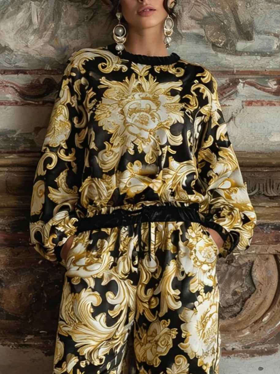 Elegantes Barock-Blumenprint-Langarm-Oberteil mit Hose mit weitem Bein Loungewear-Set