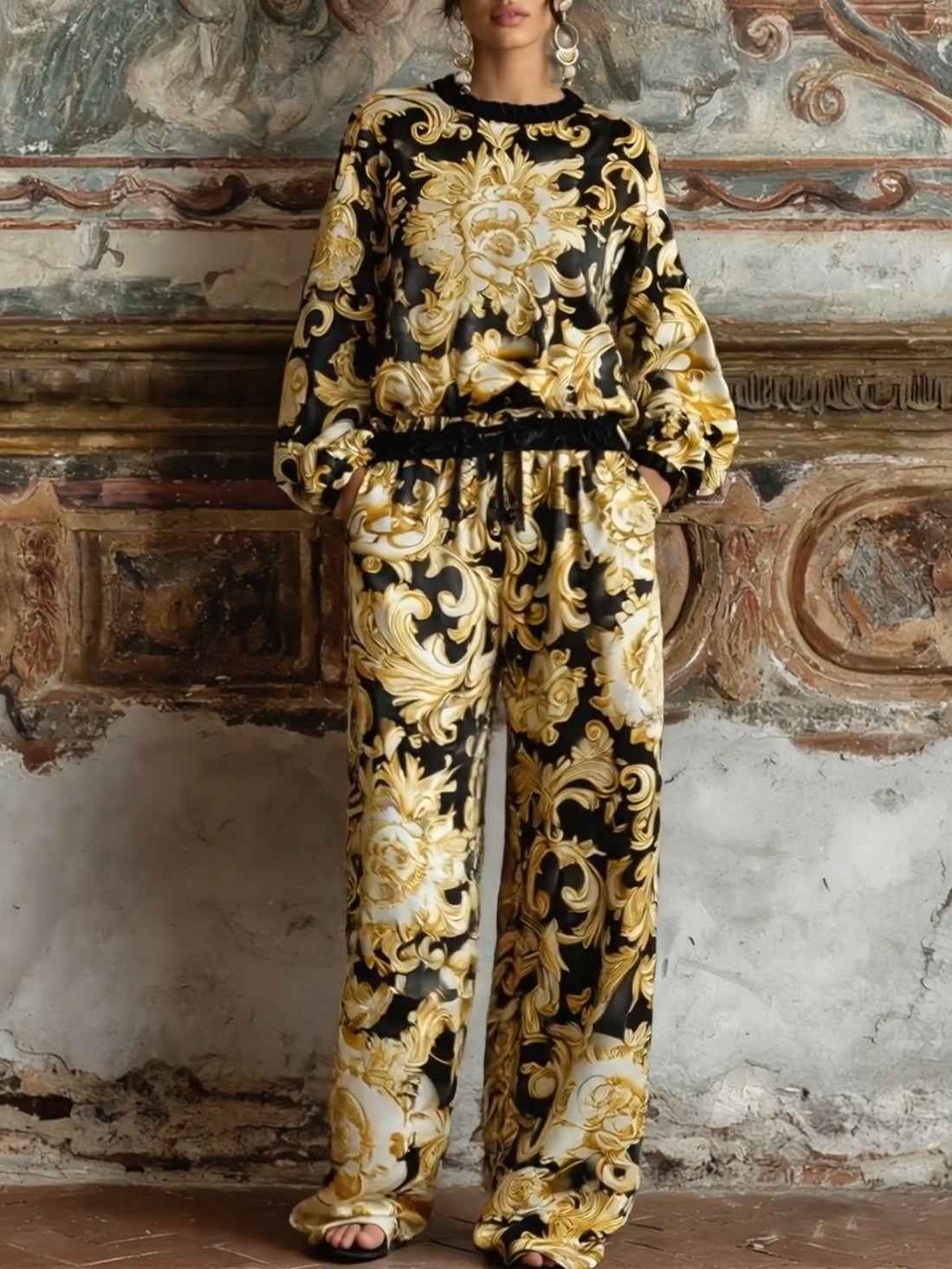 Elegantes Barock-Blumenprint-Langarm-Oberteil mit Hose mit weitem Bein Loungewear-Set